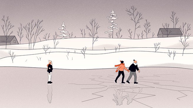 illustration of a woman watching a couple skate