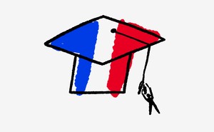 An illustration of a graduate cap colored with the French flag