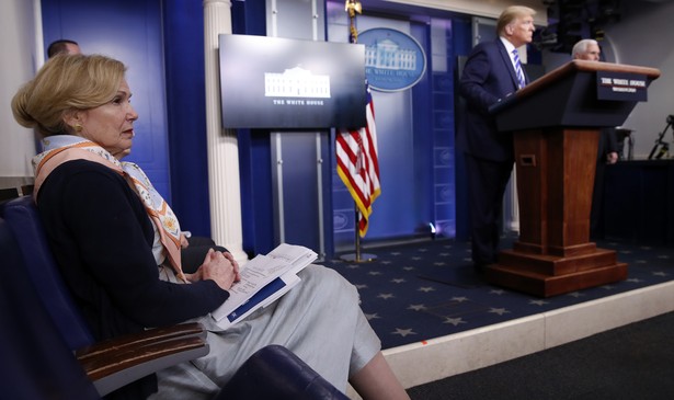 Dr. Deborah Birx listens as President Donald Trump speaks about the coronavirus on April 23.