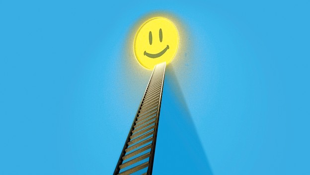a long ladder leads up to a glowing yellow happy face on a blue background