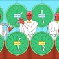 An illustration of bartenders shaking cocktails with clocks of times at various airports.