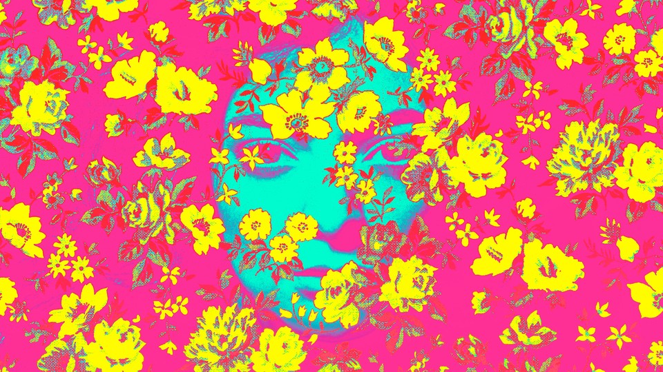 Lorde's face in turquoise against a backdrop of magenta with yellow flowers superimposed