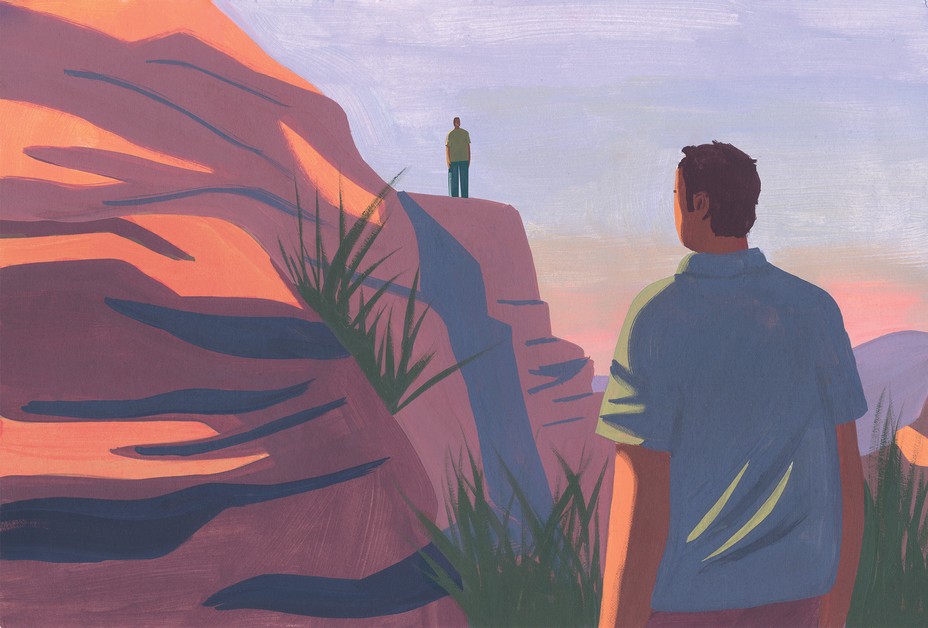illustration of man standing facing away from viewer next to a sunlit cliff, with another figure standing in silhouette in the distance on it