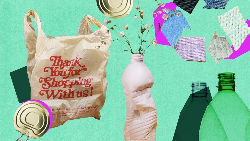 A plastic bag, some plastic bottles, aluminum can tops and a recycling symbol in front of a green background