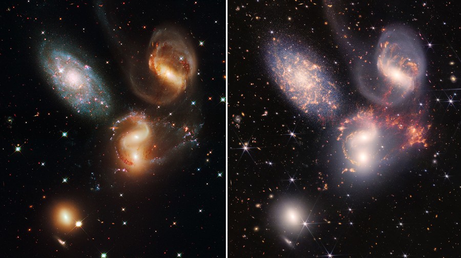 A side-by-side comparison of two images of a cluster of five galaxies.