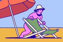 A naked man hiding behind a beach chair