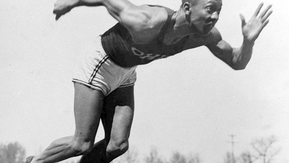 American athlete Jesse Owens practices in the Olympic Village in Berlin on August 5, 1936.