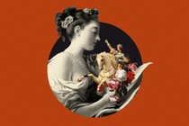 An illustration of a woman reading in a circle; another woman on horseback springs out of flowers in her hands