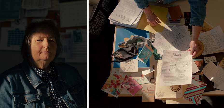 Diptych showing Joni Reynolds and her collection of letters and notes.