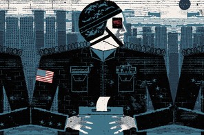 A drawing of an American military-like officer in a city holds a ballot box.