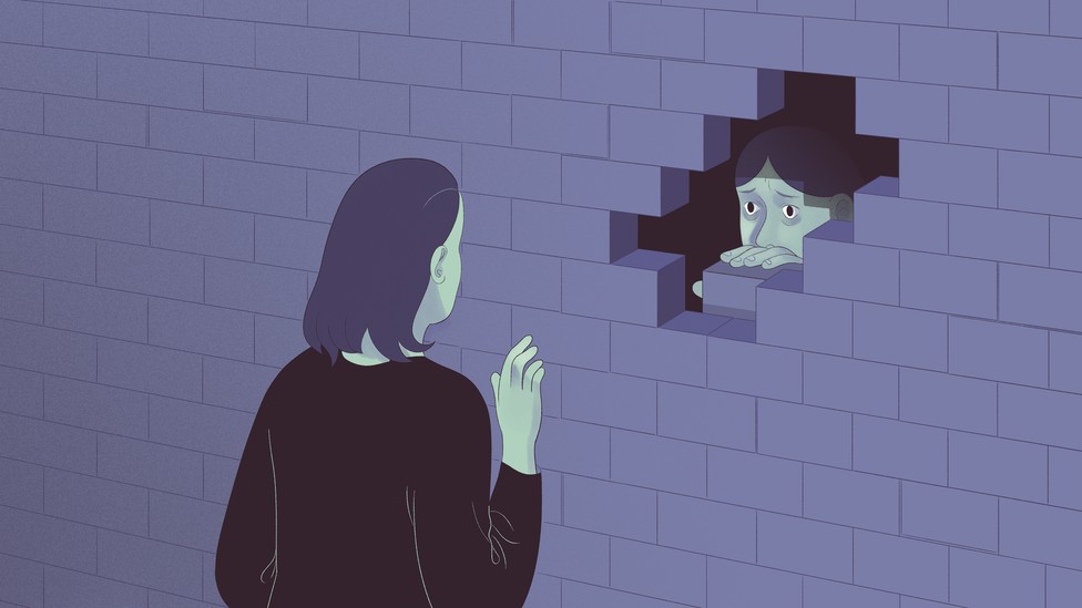 An illustration of a friend trying to reach another friend through a wall.
