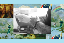A black-and-white image of tattooed arms, originally from Jeffrey Young’s reality-TV pilot. That photo is set into a colorful collage of art from the podcast “The Experiment.”