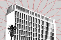 U.S. Embassy in Cuba with red lines protruding from it