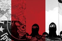 A photo-illustration showing black-and-white images of the Wagner Group's flag alongside Russian nationalists wearing balaclavas.