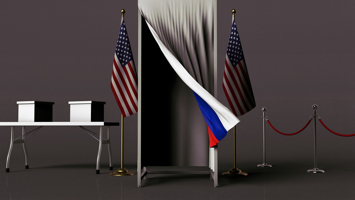 An illustration of a polling booth surrounded by American flags