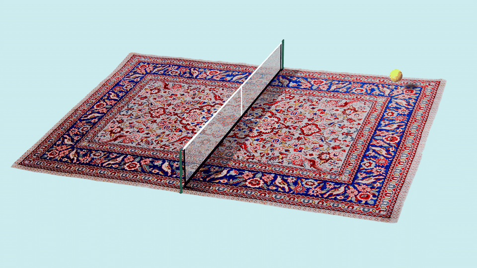 an illustration of a tennis net and ball above a carpet.