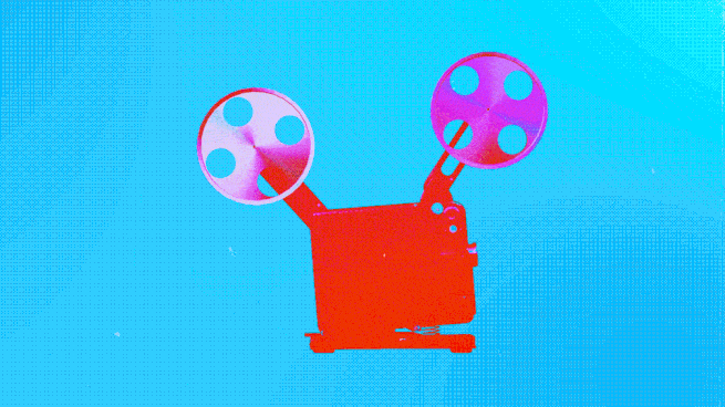 A gif of a red-hued, vintage movie camera spinning against a blue background