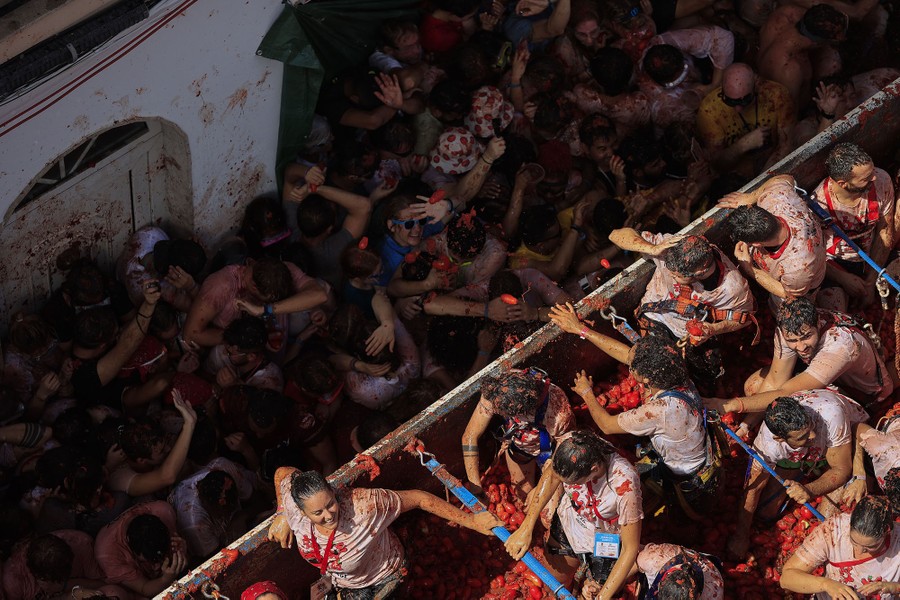 People on and near a truck hurl tomatoes at each other.