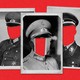 Three photos of men in Nazi uniforms with their faces cut out, over a red background