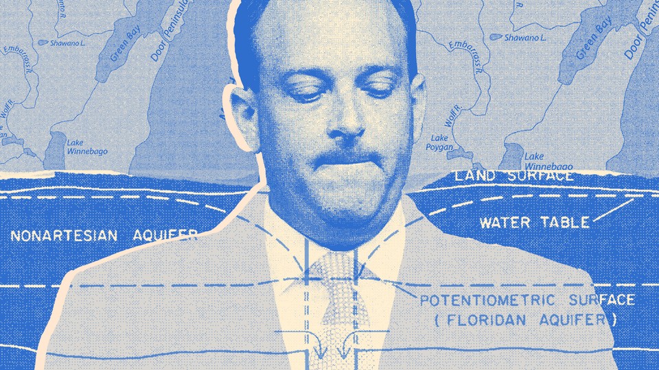 A blue-gradient photo-illustration of Lee Zeldin and some technical documents.