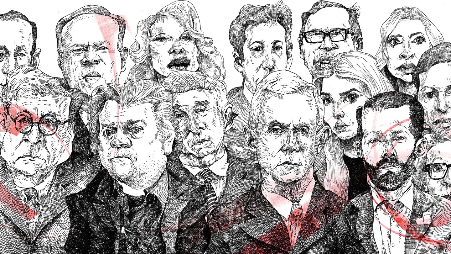Pen and ink drawings of 14 of Trump's very best associates