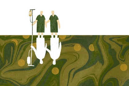 An illustration of two men in hospital gowns, one with an IV in his arm. They are small and standing atop an enormous murky sea. Reflected beneath them are their silhouettes, cut out in white.