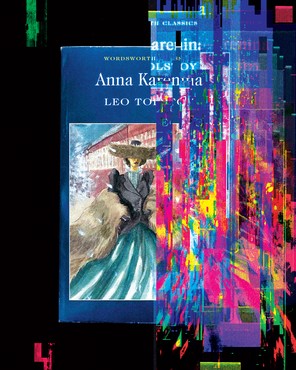 illustration with cover of book 'Anna Karenina' disintegrating into digital noise on black background