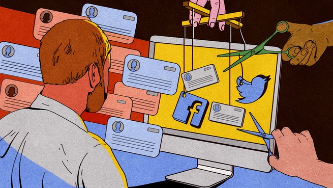 Illustration of a man looking at a computer screen in front of which a hand dangles the Facebook and Twitter logos and social-media comments on strings. Two other hands hold scissors to cut the strings. A barrage of comments appears to his left, some blue and some red.