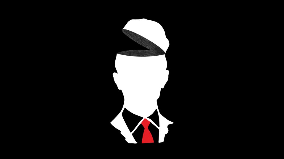 A white silhouette of a man in a suit with a red tie, his head flipped open like a lid, revealing emptiness inside
