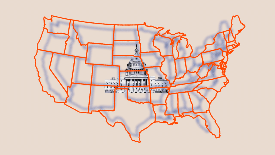 An illustration of a map of the United States with the Capitol behind it.