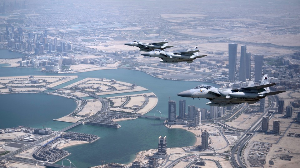 Qatari air force escorts the plane transporting Donald Trump as it prepares to land in Doha from Saudi Arabia, on May 14, 2025.