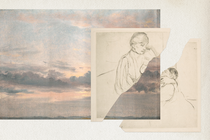 A drawing of a mother and her baby, split apart by a painting of the sky