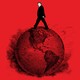 Illustration of a black-and-white image of Donald Trump walking across the Americas on a globe
