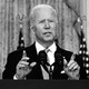 A black-and-white photo of Joe Biden as he delivers remarks about the situation in Afghanistan in the East Room of the White House