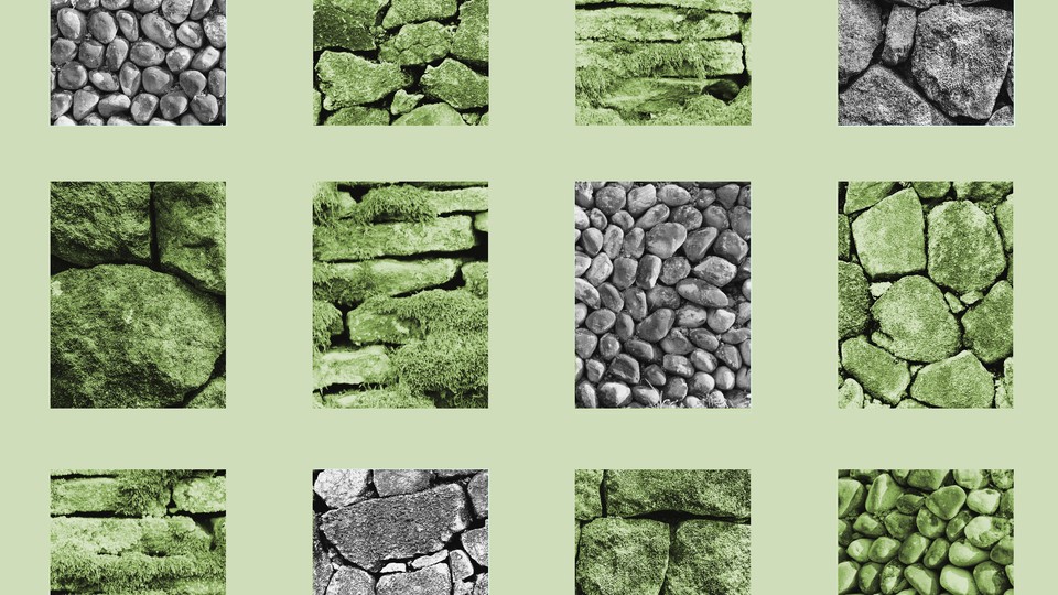 A set of rectangular pictures of dry stone walls, some moss covered, washed green and inset into a light-green background