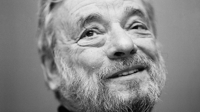 A black and white portrait of Stephen Sondheim