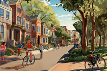 Illustration of a street with children biking.