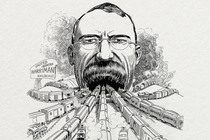 An archival caricature of a railroad baron swallowing America’s train lines