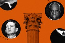 Illustration showing circular black-and-white pictures of Supreme Court justices and a column over an orange background