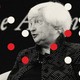 A photo of Treasury Secretary Janet Yellen sitting in front of a backdrop reading "The Atlantic Festival," with illustrated red and white dots across the image