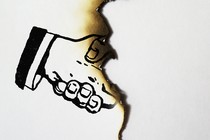 Illustration of one hand shaking another, but a singed paper-like edge is where the second hand should be