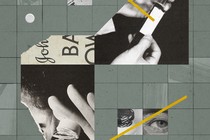 Collage depicting pills and a syringe and a newspaper headline against a grid.
