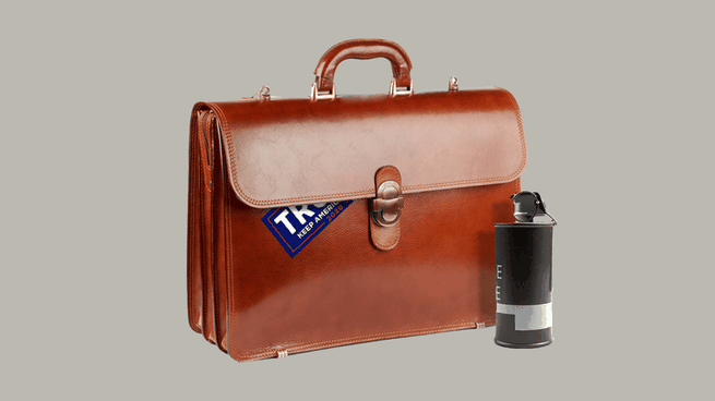 An illustration of a briefcase with a Trump sticker and a smoke canister