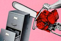 A red chainsaw cracking a filing cabinet in two