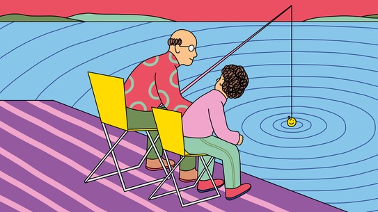 An illustration of a father fishing with his son