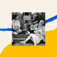 The outline of a blue speech bubble fills the top half of the screen. A yellow, filled-in speech bubble is on the bottom of the screen. In the middle is a black-and-white photo of four people sitting on a stoop. A Black woman smiles at a smiling girl child with her hair pulled back, a grandfatherly figure looks on smiling and sitting on a lower stair is a white woman holding a baby and smiling up at the group.