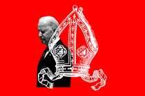a bishop's miter superimposed on a photo of Joe Biden