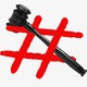 Artwork of a black gavel intertwined with a red hashtag or pound sign.