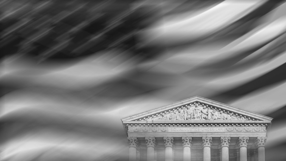 An image of the Supreme Court building against the backdrop of a blurred American flag.