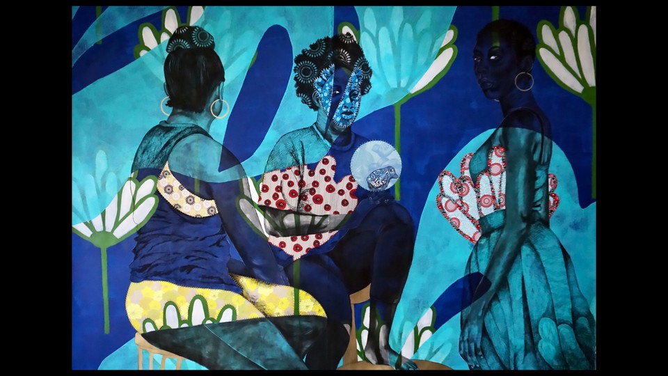 An illustration of three women against a blue background with plants and flowers